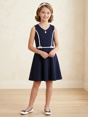 🔴 Vintage Limited Too Girls 12 Navy Blue Coquette Dress Bows Y2K Preppy Academic
